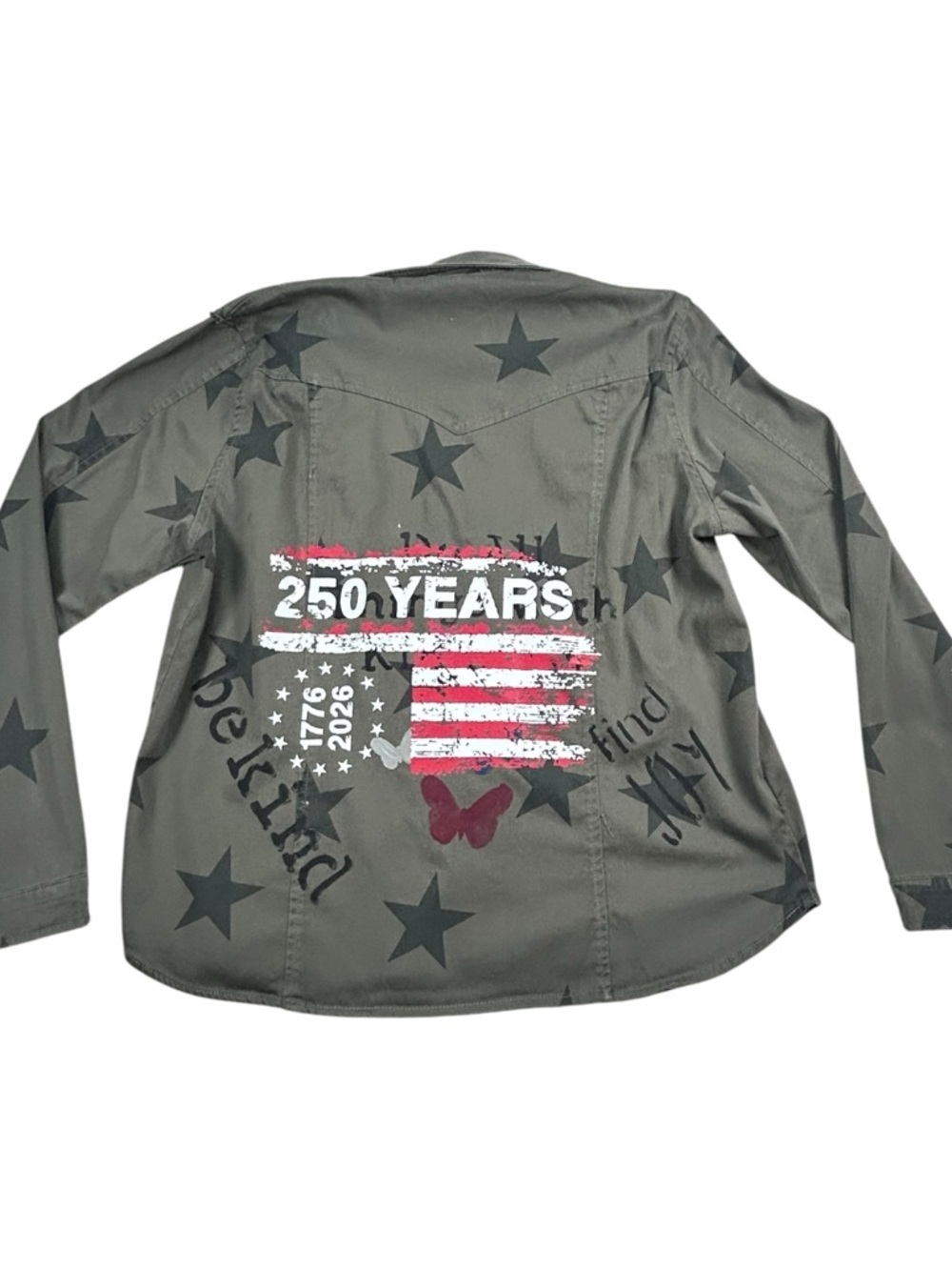 Knox Rose XL Olive Green Star Print Jacket USA Flag Patch 250 Years Graphic - Picture 3 of 15